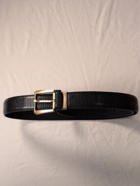 CALE Black Textured Leather Belt with Gold Buckle
